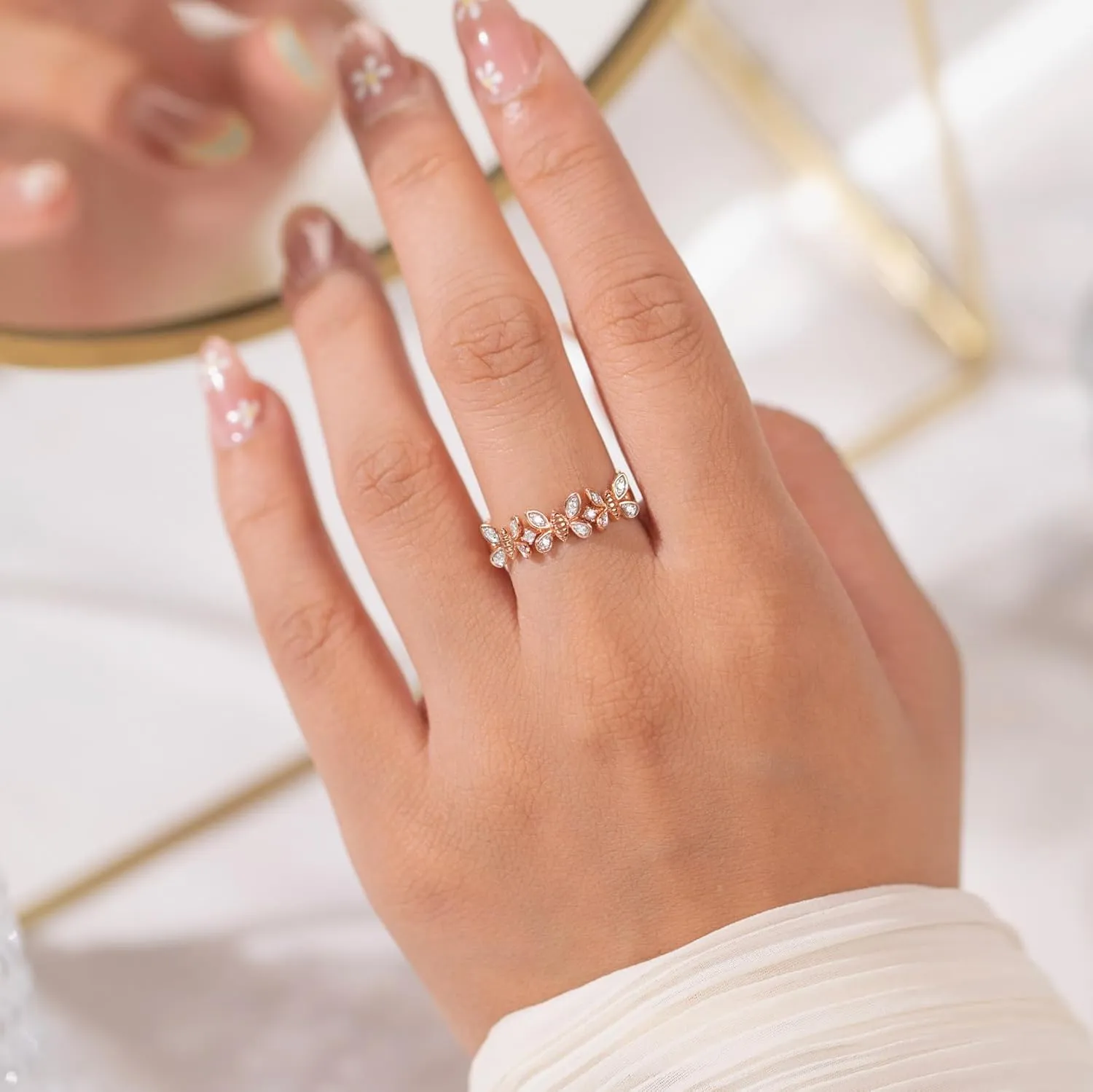0.20 Ct Round Diamond Adjustable Flying Butterfly Wedding Band Ring For Women 14k Rose Gold Two Tone Plated Cluster Diamond Ring 925 Sterling Silver Handmade Beautiful Band Ring Gift For Her