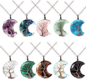 10 Pieces Crystal Necklaces Life Tree Moon Necklace Healing Crystal Stones Spiritual Pendants Natural Quartz Jewelry with Exquisite Velvet Bag for Women (Classic Style)