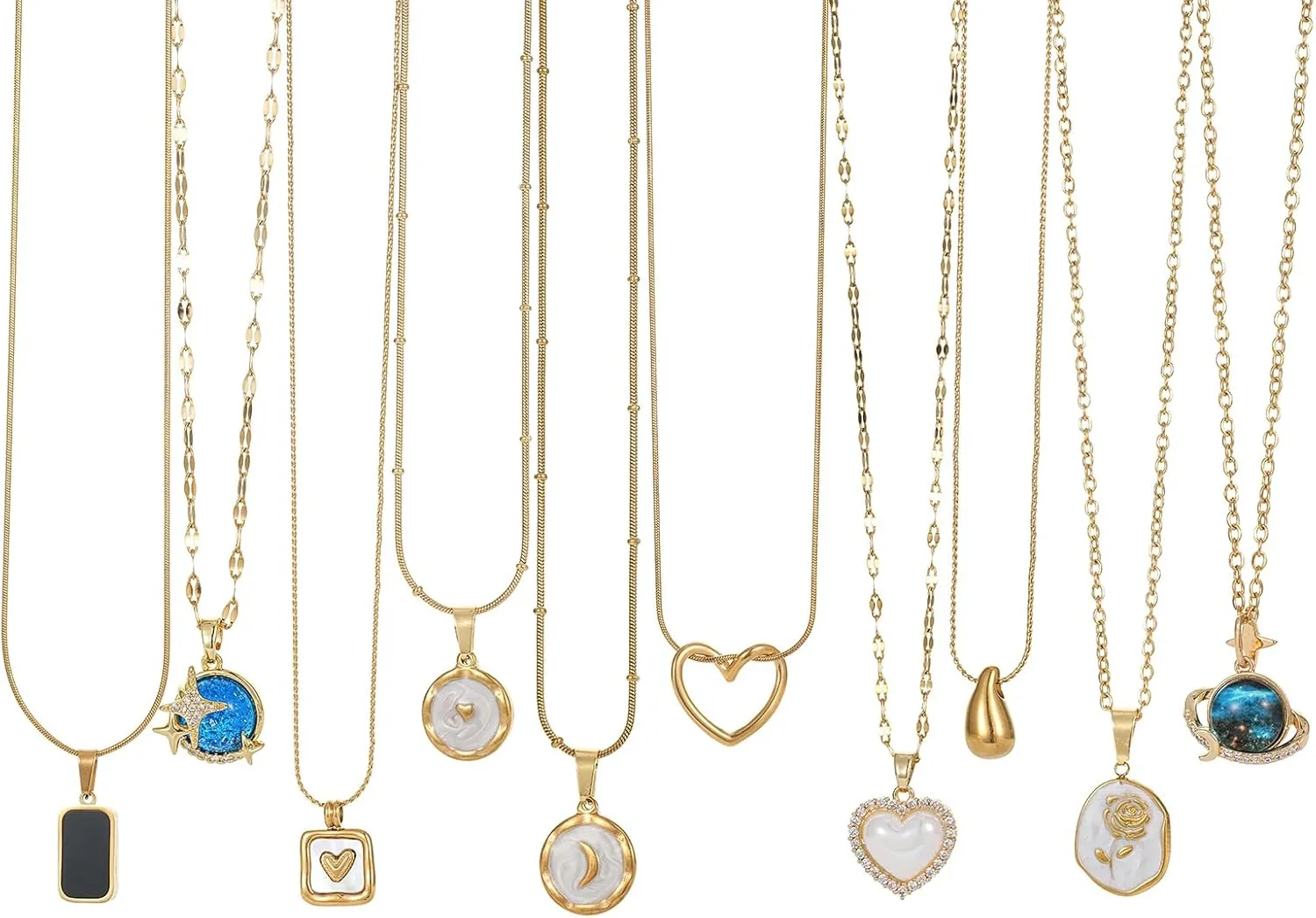 10 Piece/set Gold Plated Stainless Steel Necklace Set for Women Fashion Love Heart Moon Star Pendant Necklace Dainty Exquisite Chain Choker Necklace Jewelry