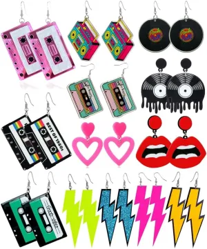 12 Pairs 80s 90s Neon Earrings for Women Retro Boho Pendant Magnetic Tape Optical Disc Lightning Heart Acrylic Drop Dangle for 80's Outfit Glow Party Accessories (12 Acrylic Earrings)