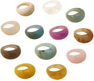 12 pcs Colorful Resin Rings Wide Thick Dome Knuckle Finger Stackable Joint Ring Retro Acrylic Transparent Vintage Jewelry Party Elegant Handmade Gift (Size 6-8)