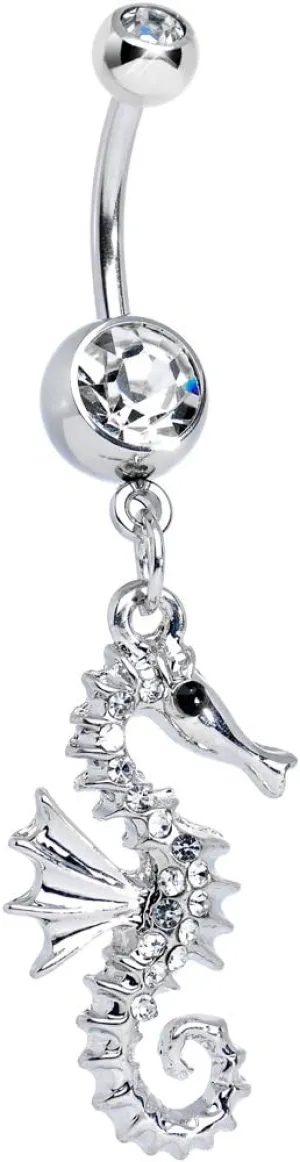 14ga Seahorse Dangling Belly Navel Ring with Large Prong-set CZ Clear or Aqua Gems