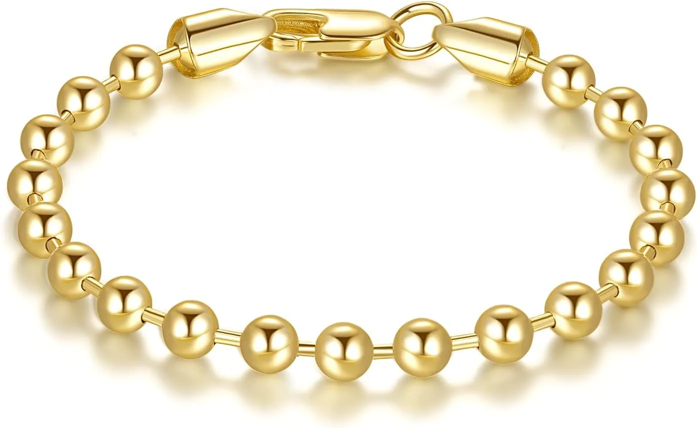 14K Gold Bracelets for Women Bracelets for Men Simple 5mm Bead Chain Bracelet for Women Gold Jewelry Presents for Men 6.5/7/7.5/8/9in