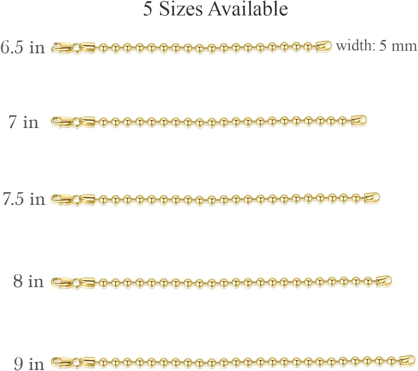14K Gold Bracelets for Women Bracelets for Men Simple 5mm Bead Chain Bracelet for Women Gold Jewelry Presents for Men 6.5/7/7.5/8/9in