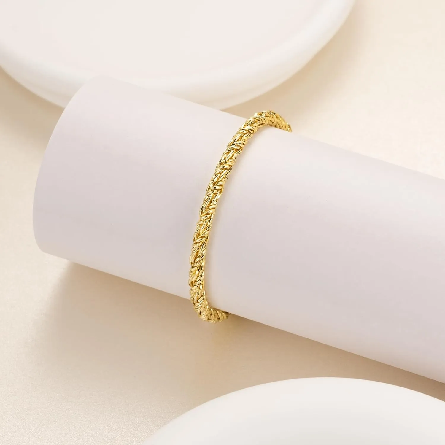 14K Gold Bracelets for Women Men Bracelet Round Strand Rope Gold Chain Bracelet Lobster Clasp Perfect Gifts for Women Men 7, 7.5, 8, 8.5in