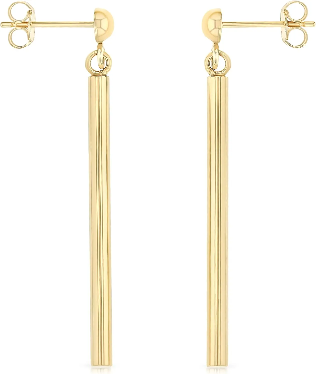 14K Gold Plain Round Long Stick Drop Line Bar Drop Hanging Push Back Earrings | Minimalist Modern Dangle Earrings