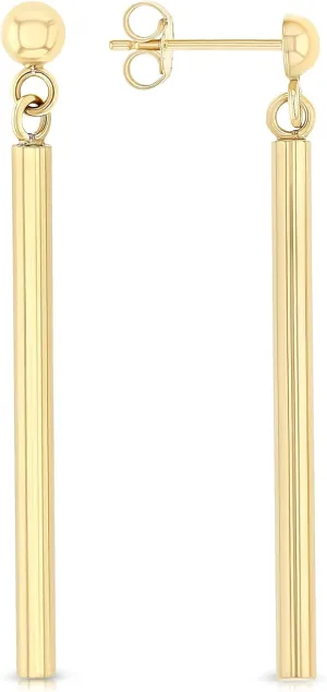14K Gold Plain Round Long Stick Drop Line Bar Drop Hanging Push Back Earrings | Minimalist Modern Dangle Earrings