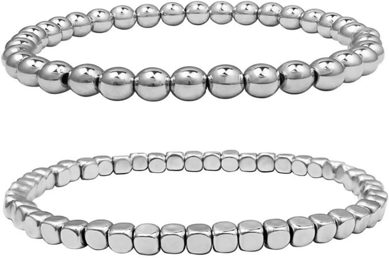 14k Gold Plated 2-4Pcs Handmade Bohemian Gold Round Square Beaded Link Chain Adjustable Stackable Stretch Lightweight Punk Bracelet Dainty Cool Jewelry for Women