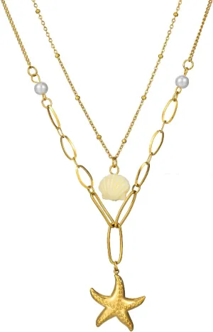 14K Gold Plated Sea Shell Starfish Layer Charm Necklace for Women, Statement Chunky Layered Boho Summer Seashell Necklace Ocean Beach Jewelry Gifts Vacation Summer Outfits for Women