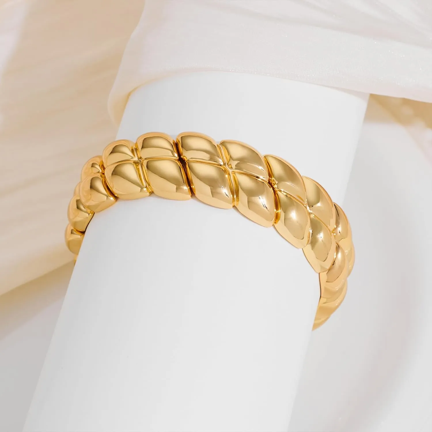 14K Gold Plated Wide Stretch Bracelets for Women Gold Polished Wide Square Bracelets Simple Generous Bracelets Bangle Bracelet Jewelry