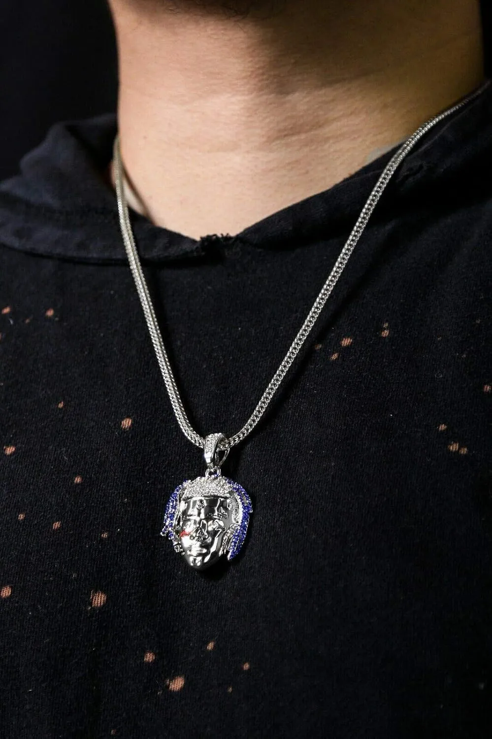 14k White Gold Plated Hip Hop Rapper Exquisite Tentacion R.I.P Pendant Franco Chain 24" Necklace