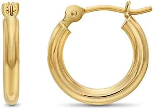 14k Yellow Gold Classic Shiny Polished Round Hoop Earrings, 2mm tube