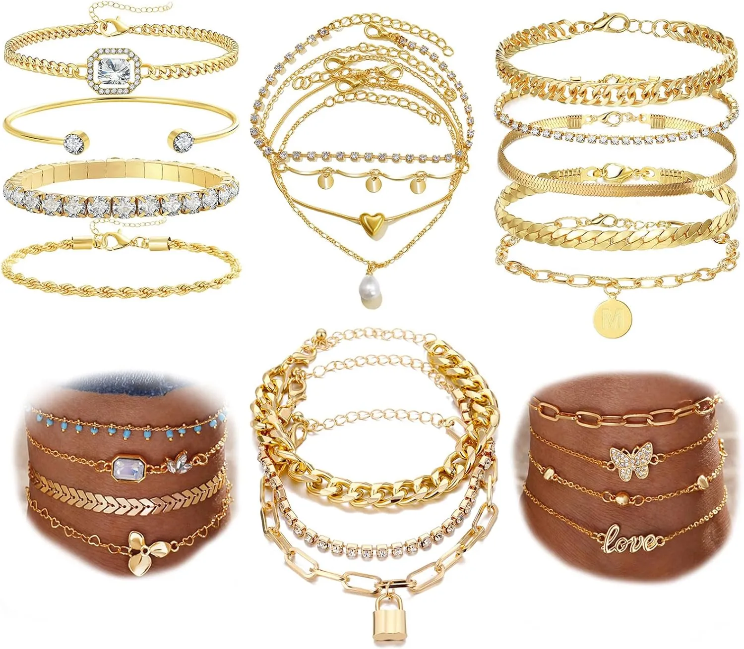 17IF 24-25 Pcs (6 Pack) 14K Gold Ankle Bracelets Set for Women Boho Stackable Bangles Cuff Charm Chunky Wrist Jewelry