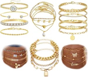 17IF 24-25 Pcs (6 Pack) 14K Gold Ankle Bracelets Set for Women Boho Stackable Bangles Cuff Charm Chunky Wrist Jewelry