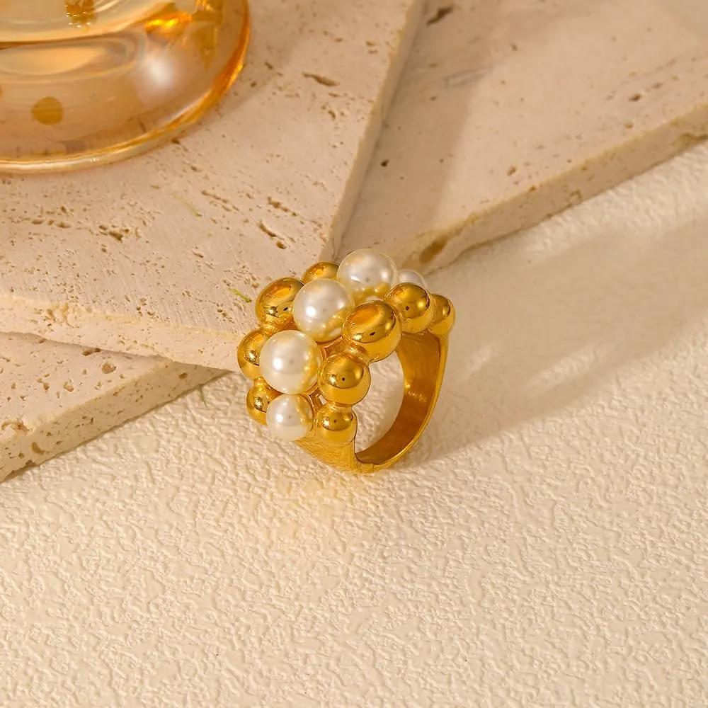 18K Gold Plated Ring For Women Shiny Gold Chunky Ring Elegant Freshwater Pearl Ring Non Tarnish Gold Rings Trendy Index Finger Statement Rings Gorgeous Beads Cocktail Ring Waterproof Gold Daily Jewelry For Women