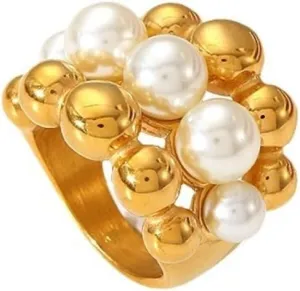 18K Gold Plated Ring For Women Shiny Gold Chunky Ring Elegant Freshwater Pearl Ring Non Tarnish Gold Rings Trendy Index Finger Statement Rings Gorgeous Beads Cocktail Ring Waterproof Gold Daily Jewelry For Women