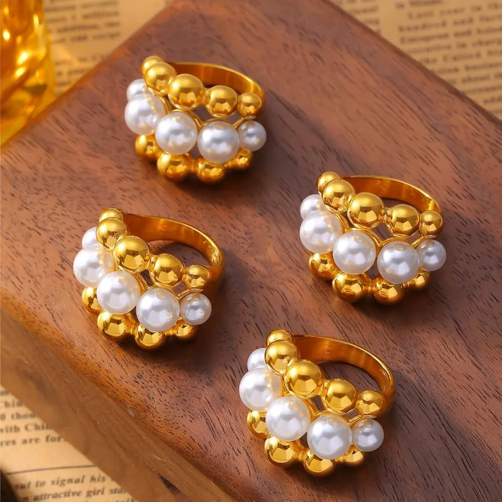 18K Gold Plated Ring For Women Shiny Gold Chunky Ring Elegant Freshwater Pearl Ring Non Tarnish Gold Rings Trendy Index Finger Statement Rings Gorgeous Beads Cocktail Ring Waterproof Gold Daily Jewelry For Women