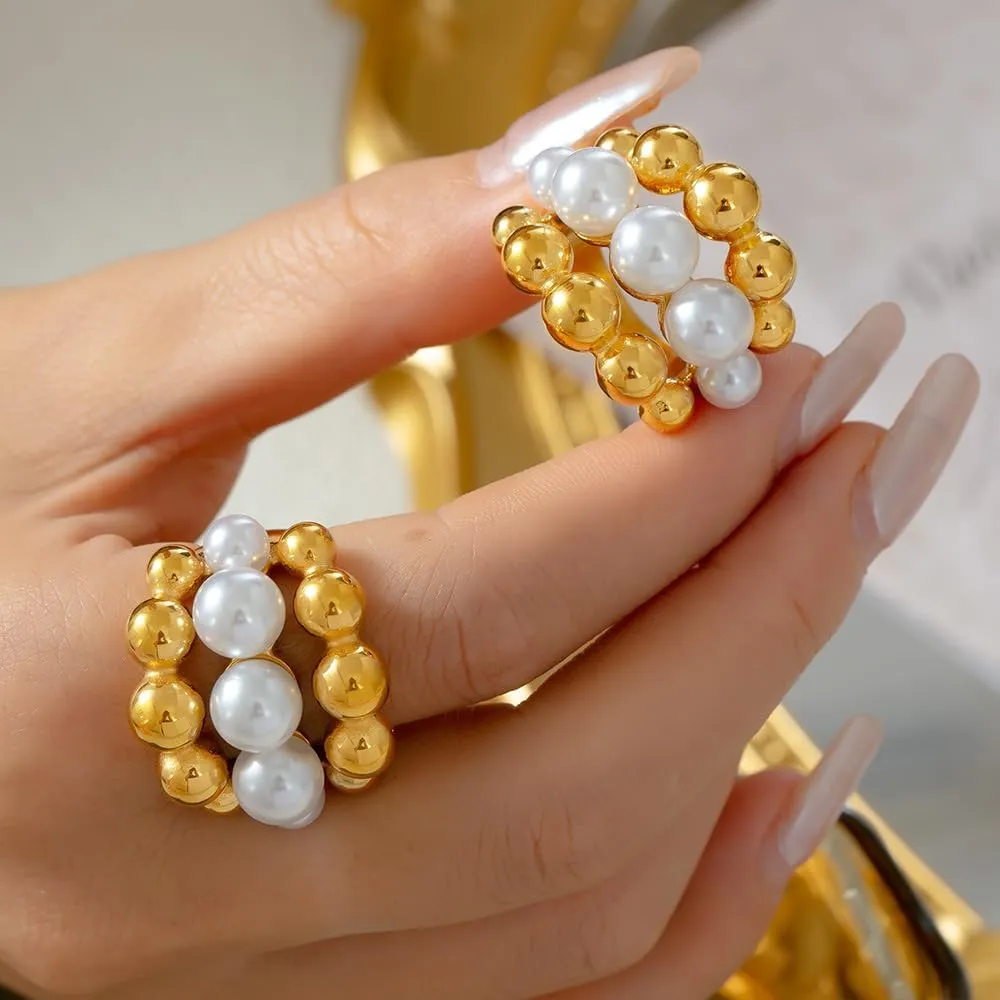18K Gold Plated Ring For Women Shiny Gold Chunky Ring Elegant Freshwater Pearl Ring Non Tarnish Gold Rings Trendy Index Finger Statement Rings Gorgeous Beads Cocktail Ring Waterproof Gold Daily Jewelry For Women