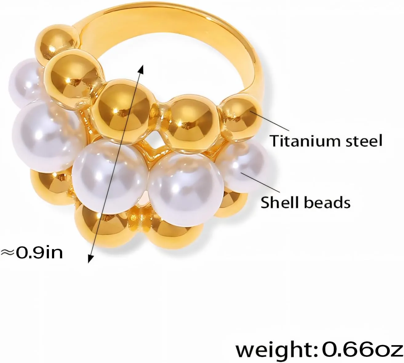 18K Gold Plated Ring For Women Shiny Gold Chunky Ring Elegant Freshwater Pearl Ring Non Tarnish Gold Rings Trendy Index Finger Statement Rings Gorgeous Beads Cocktail Ring Waterproof Gold Daily Jewelry For Women