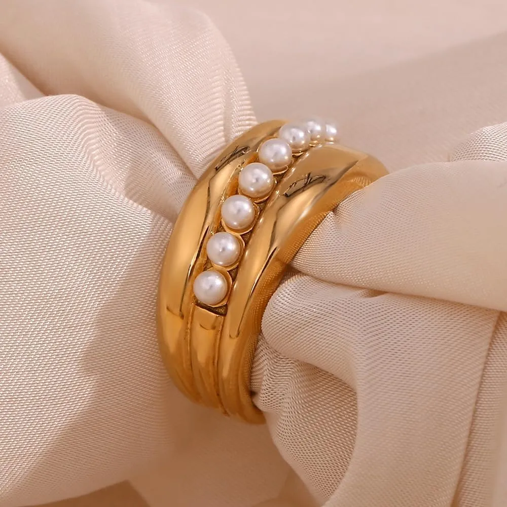 18K Gold Plated Ring For Women Shiny Gold Chunky Ring Elegant Freshwater Pearl Ring Non Tarnish Gold Rings Trendy Index Finger Statement Rings Gorgeous Beads Cocktail Ring Waterproof Gold Daily Jewelry For Women