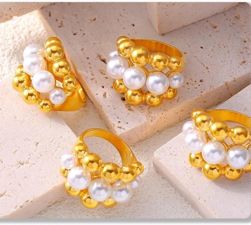 18K Gold Plated Ring For Women Shiny Gold Chunky Ring Elegant Freshwater Pearl Ring Non Tarnish Gold Rings Trendy Index Finger Statement Rings Gorgeous Beads Cocktail Ring Waterproof Gold Daily Jewelry For Women