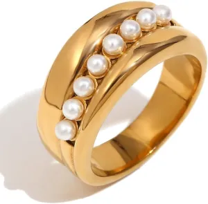 18K Gold Plated Ring For Women Shiny Gold Chunky Ring Elegant Freshwater Pearl Ring Non Tarnish Gold Rings Trendy Index Finger Statement Rings Gorgeous Beads Cocktail Ring Waterproof Gold Daily Jewelry For Women