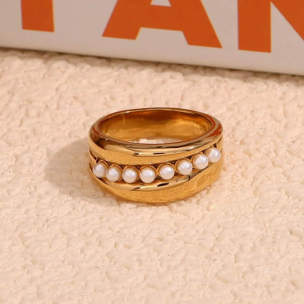 18K Gold Plated Ring For Women Shiny Gold Chunky Ring Elegant Freshwater Pearl Ring Non Tarnish Gold Rings Trendy Index Finger Statement Rings Gorgeous Beads Cocktail Ring Waterproof Gold Daily Jewelry For Women