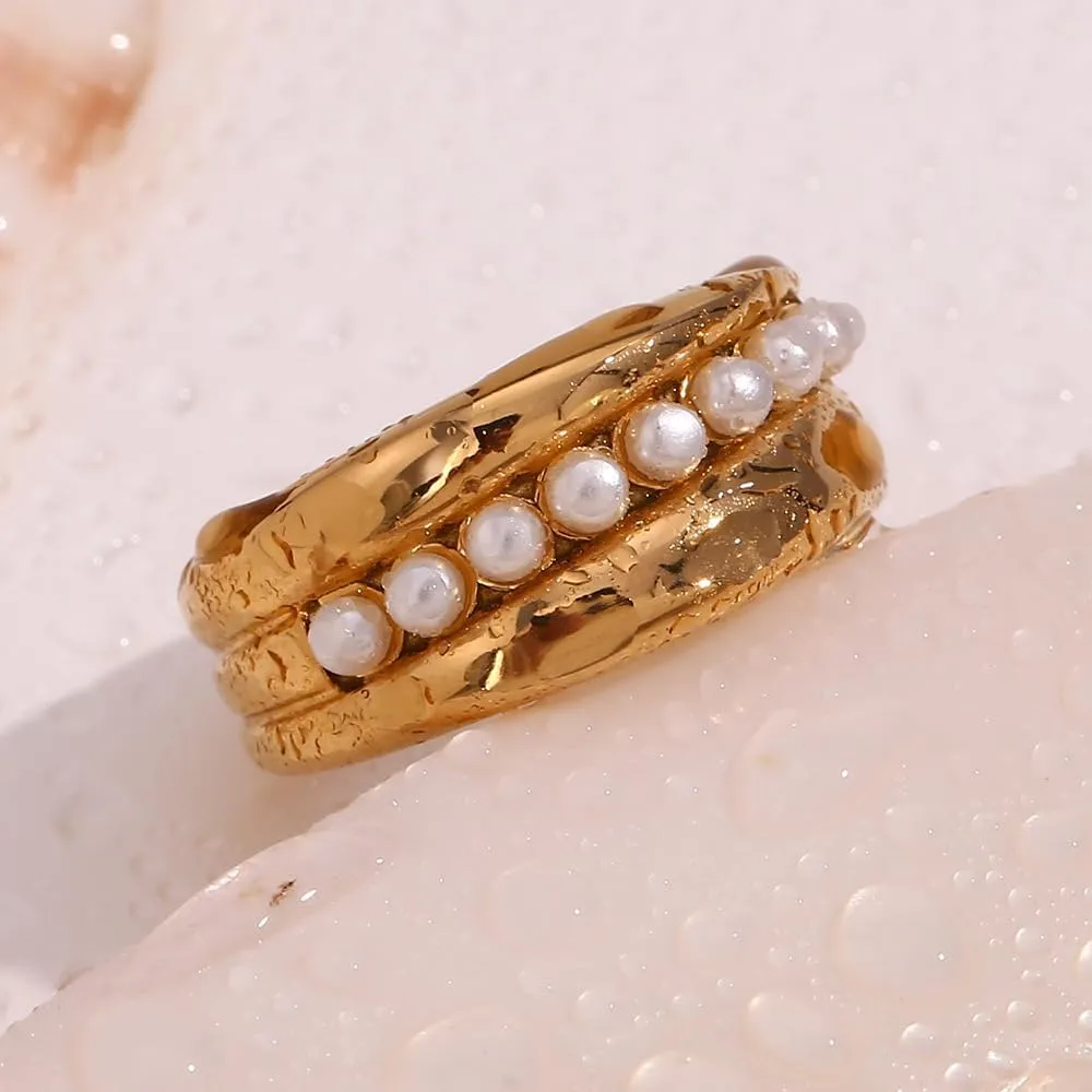 18K Gold Plated Ring For Women Shiny Gold Chunky Ring Elegant Freshwater Pearl Ring Non Tarnish Gold Rings Trendy Index Finger Statement Rings Gorgeous Beads Cocktail Ring Waterproof Gold Daily Jewelry For Women