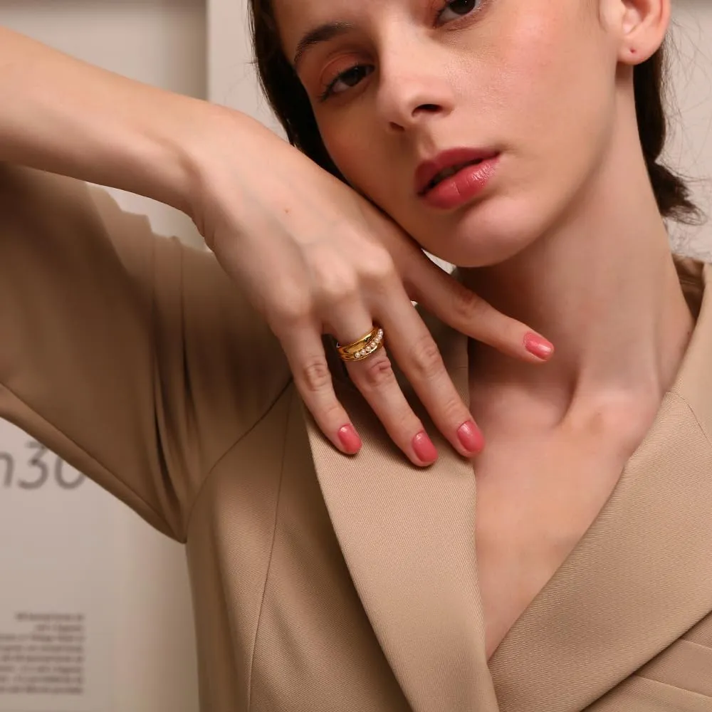 18K Gold Plated Ring For Women Shiny Gold Chunky Ring Elegant Freshwater Pearl Ring Non Tarnish Gold Rings Trendy Index Finger Statement Rings Gorgeous Beads Cocktail Ring Waterproof Gold Daily Jewelry For Women