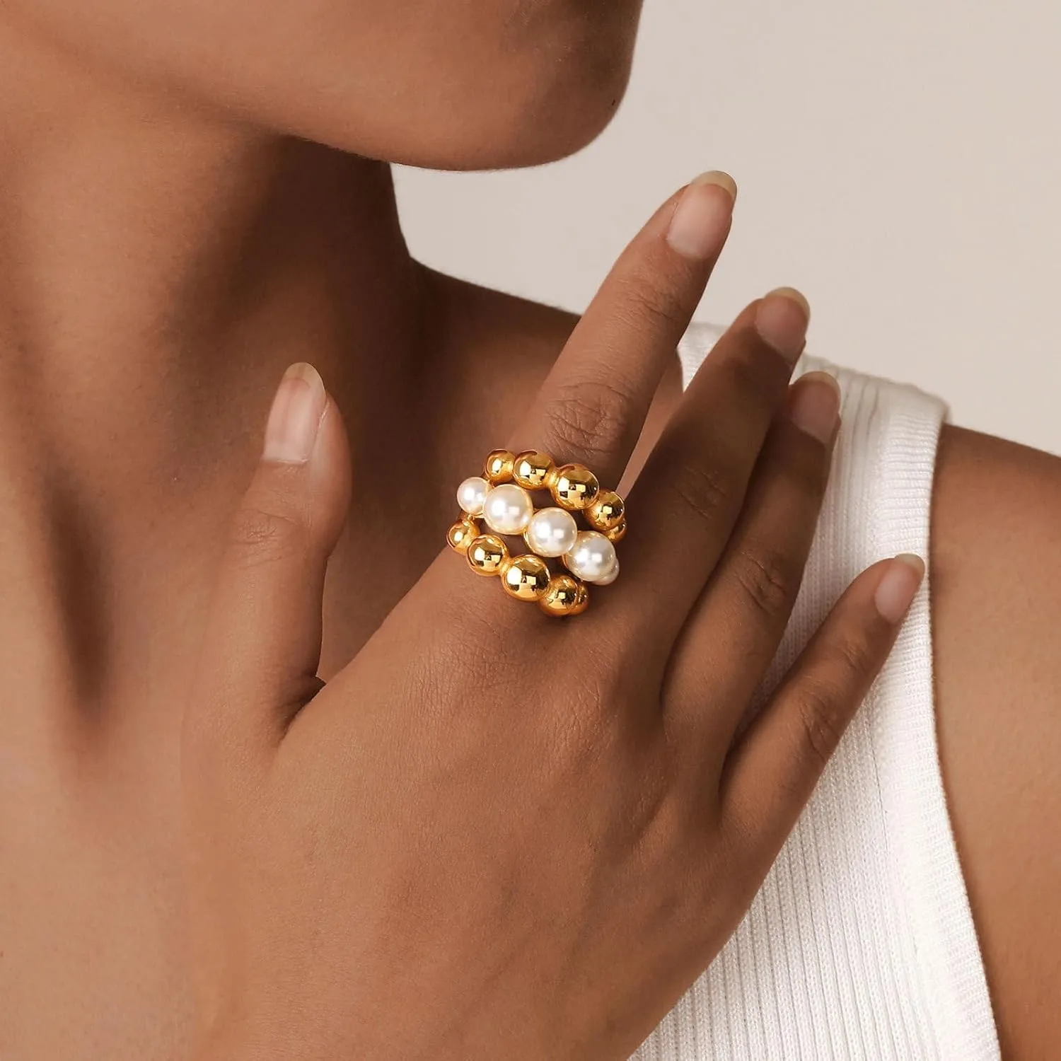 18K Gold Plated Ring For Women Shiny Gold Chunky Ring Elegant Freshwater Pearl Ring Non Tarnish Gold Rings Trendy Index Finger Statement Rings Gorgeous Beads Cocktail Ring Waterproof Gold Daily Jewelry For Women
