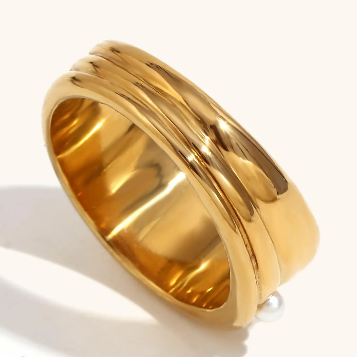 18K Gold Plated Ring For Women Shiny Gold Chunky Ring Elegant Freshwater Pearl Ring Non Tarnish Gold Rings Trendy Index Finger Statement Rings Gorgeous Beads Cocktail Ring Waterproof Gold Daily Jewelry For Women