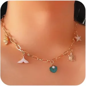 1Pcs Seashell Necklace for Women Fashion Colorful Enamel Seascape Pendant Necklace Summer Beach Snail Shell Starfish Charms Necklaces Beach Vacation Essentials Holiday Jewelry