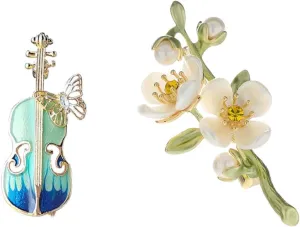 2 Pices Fashion Violin and Cherry Blossom Brooch Woman High-end Artistic Temperament Pin Personality Cute Suit Coat With Accessories