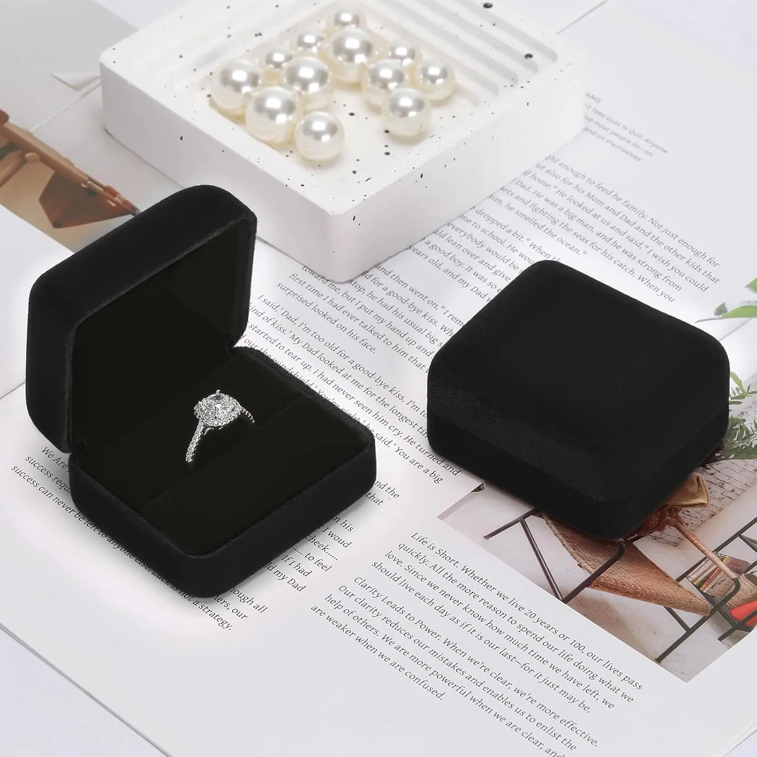 2 Pieces Velvet Metal Wedding Ring Box, Elegant Jewelry Earring Studs Gift Box for Women Girl, Ring Holder Case for Engagement Proposal, Anniversary, Bridal Party Decor (Black)