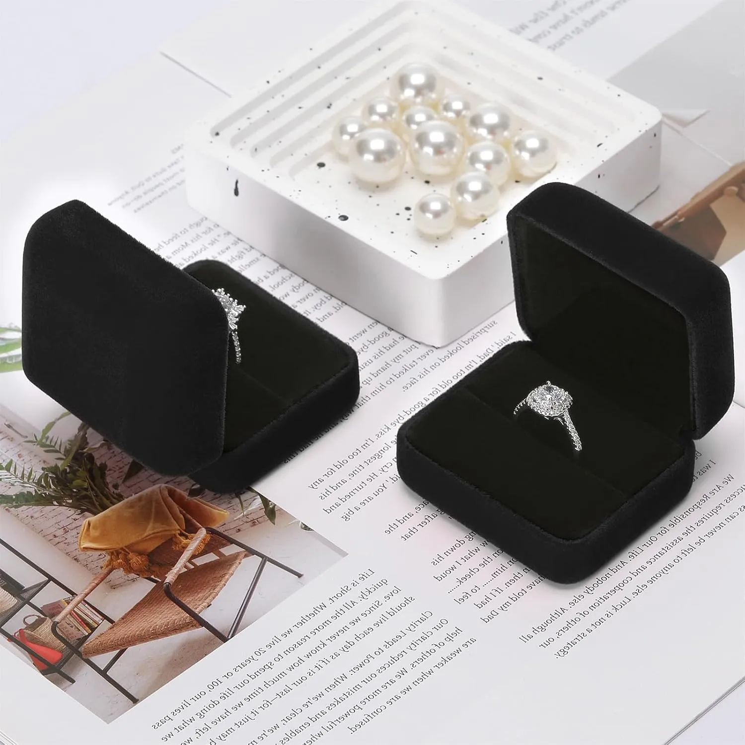 2 Pieces Velvet Metal Wedding Ring Box, Elegant Jewelry Earring Studs Gift Box for Women Girl, Ring Holder Case for Engagement Proposal, Anniversary, Bridal Party Decor (Black)