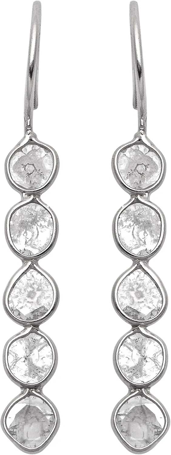 2.00 CTW Natural Diamond Polki Statement Dangles 925 Sterling Silver Platinum Plated Everyday Handmade Slice Diamond Earrings