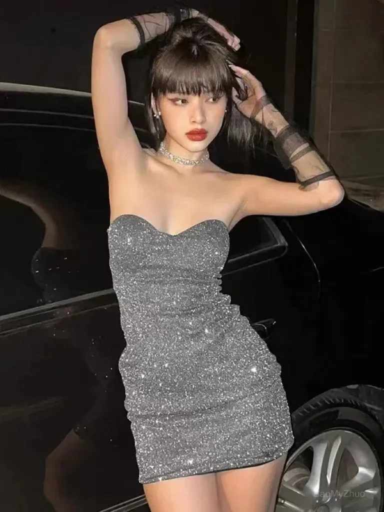 2024 Black Glitter Bright Silk Strapless Ruched Bodycon Sleeveless Tight Party Dress