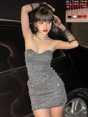 2024 Black Glitter Bright Silk Strapless Ruched Bodycon Sleeveless Tight Party Dress