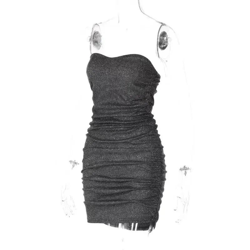 2024 Black Glitter Bright Silk Strapless Ruched Bodycon Sleeveless Tight Party Dress