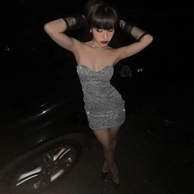 2024 Black Glitter Bright Silk Strapless Ruched Bodycon Sleeveless Tight Party Dress