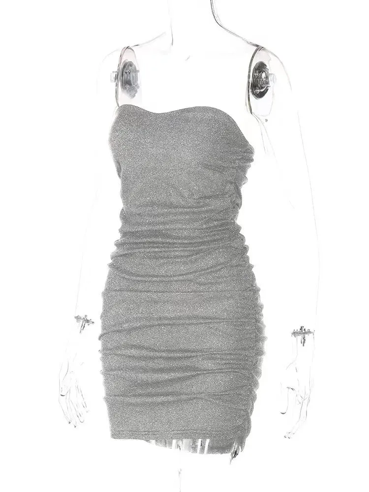2024 Black Glitter Bright Silk Strapless Ruched Bodycon Sleeveless Tight Party Dress