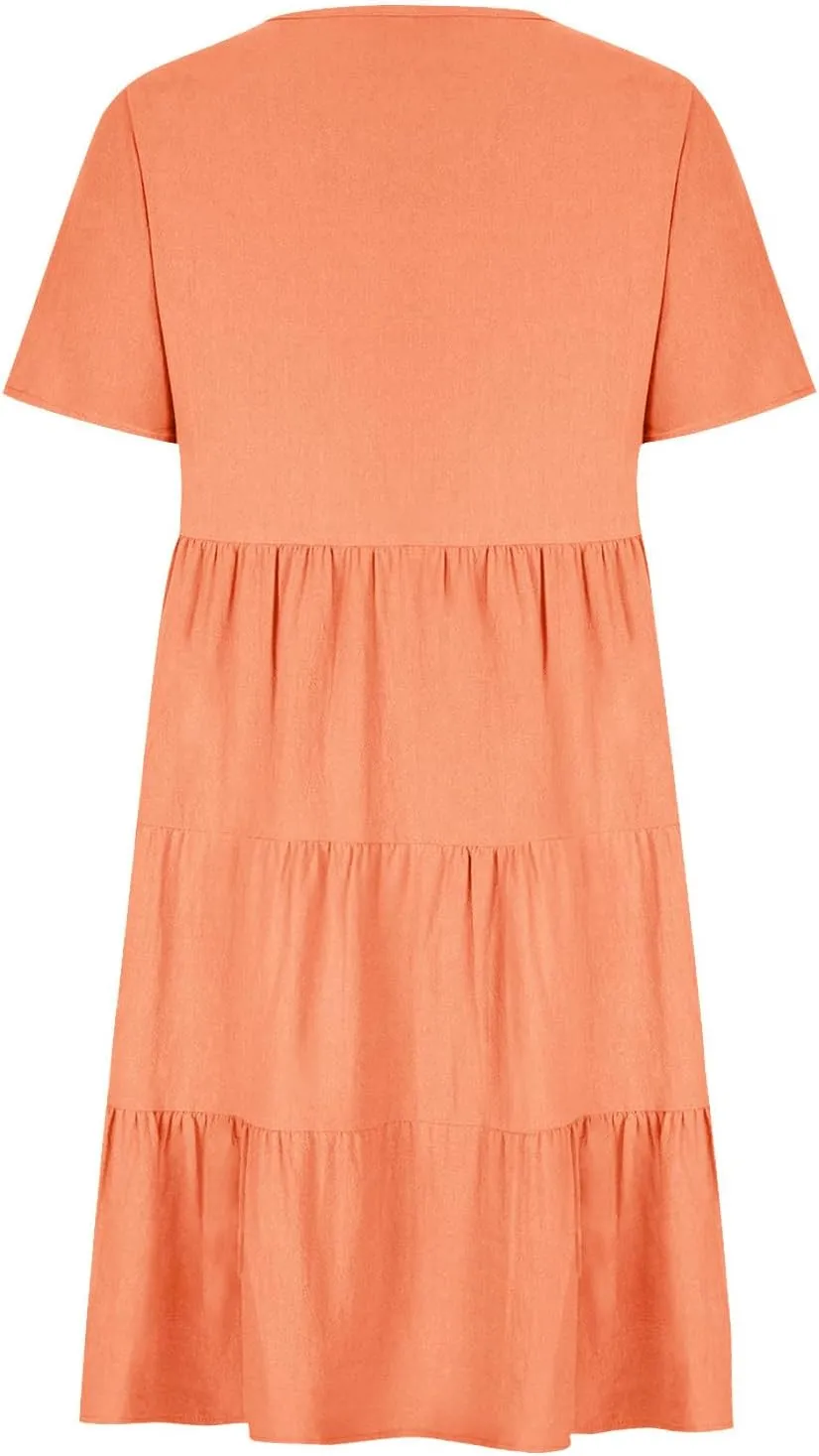 2024 Summer Dress for Women Plus Size Casual V Neck Short Sleeve Tiered Dress Swing Midi Dress A-Line Party Dresses