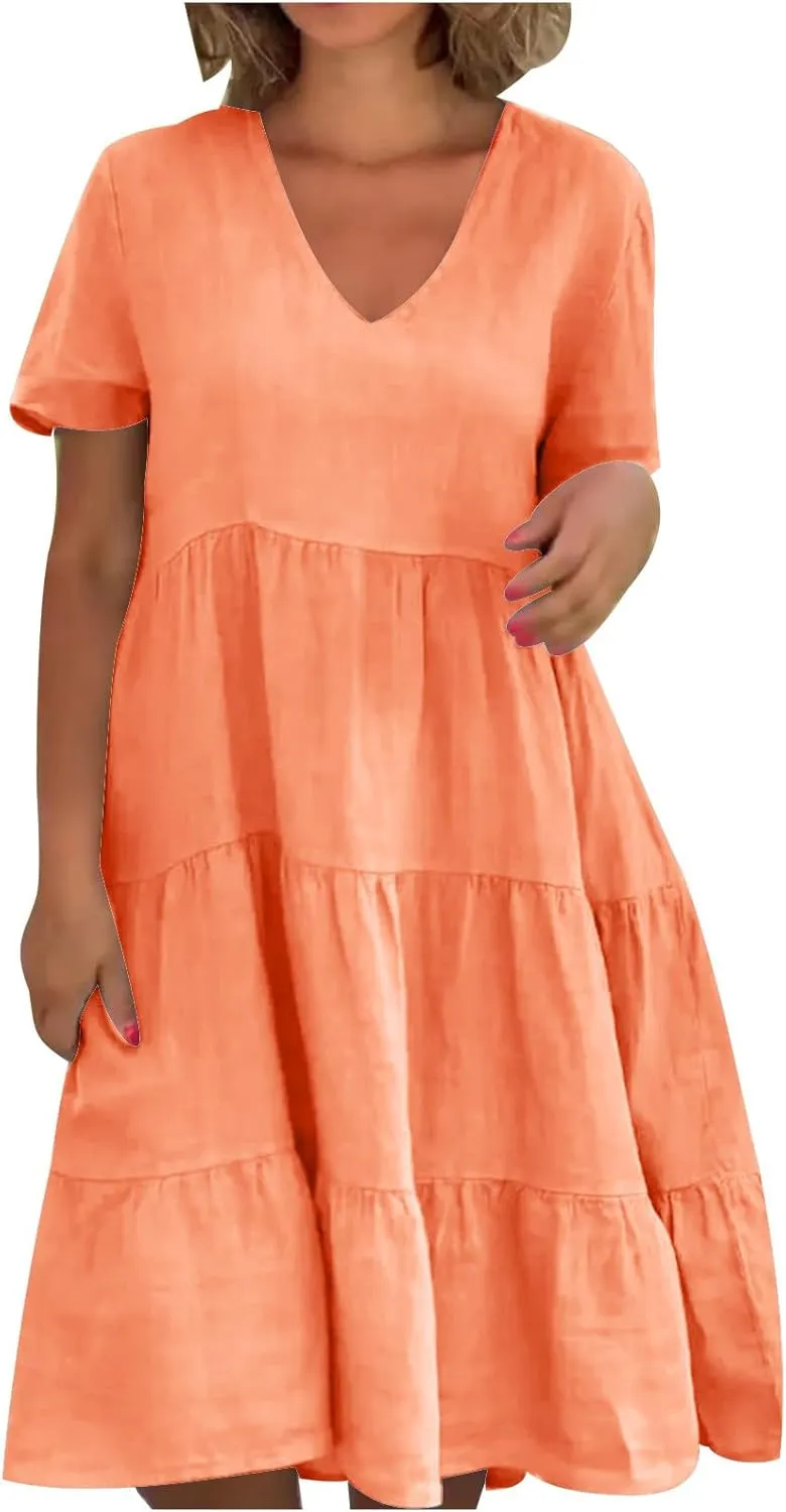2024 Summer Dress for Women Plus Size Casual V Neck Short Sleeve Tiered Dress Swing Midi Dress A-Line Party Dresses