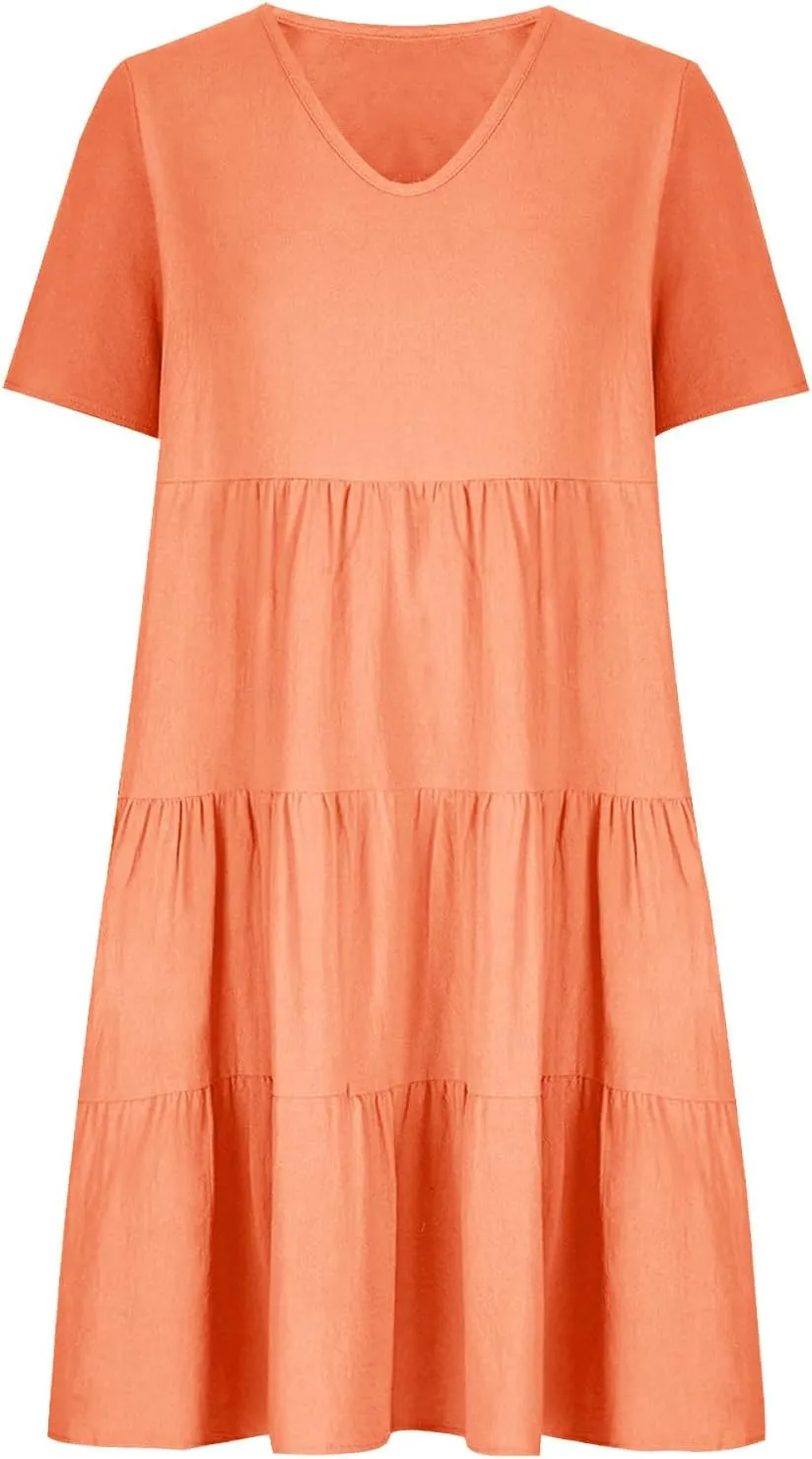 2024 Summer Dress for Women Plus Size Casual V Neck Short Sleeve Tiered Dress Swing Midi Dress A-Line Party Dresses