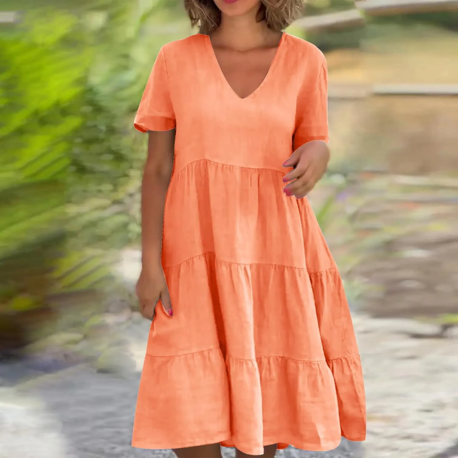 2024 Summer Dress for Women Plus Size Casual V Neck Short Sleeve Tiered Dress Swing Midi Dress A-Line Party Dresses