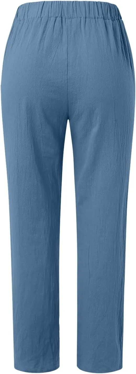 2024 Womens Wide Leg Cropped Pants Cotton Linen Summer Beach Pants Trendy Casual Capri Yoga Pants Breathable Palazzo Pants