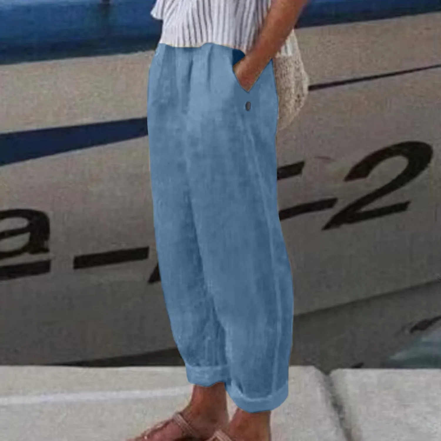 2024 Womens Wide Leg Cropped Pants Cotton Linen Summer Beach Pants Trendy Casual Capri Yoga Pants Breathable Palazzo Pants