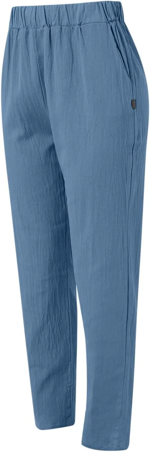 2024 Womens Wide Leg Cropped Pants Cotton Linen Summer Beach Pants Trendy Casual Capri Yoga Pants Breathable Palazzo Pants