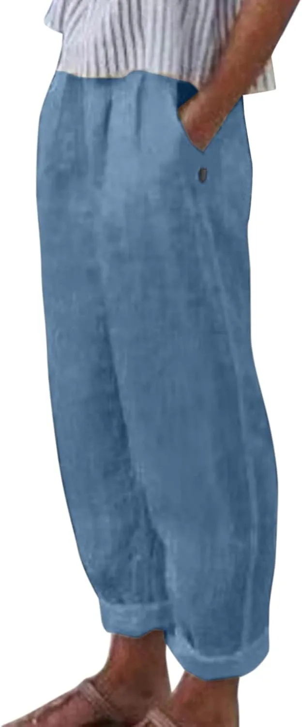 2024 Womens Wide Leg Cropped Pants Cotton Linen Summer Beach Pants Trendy Casual Capri Yoga Pants Breathable Palazzo Pants
