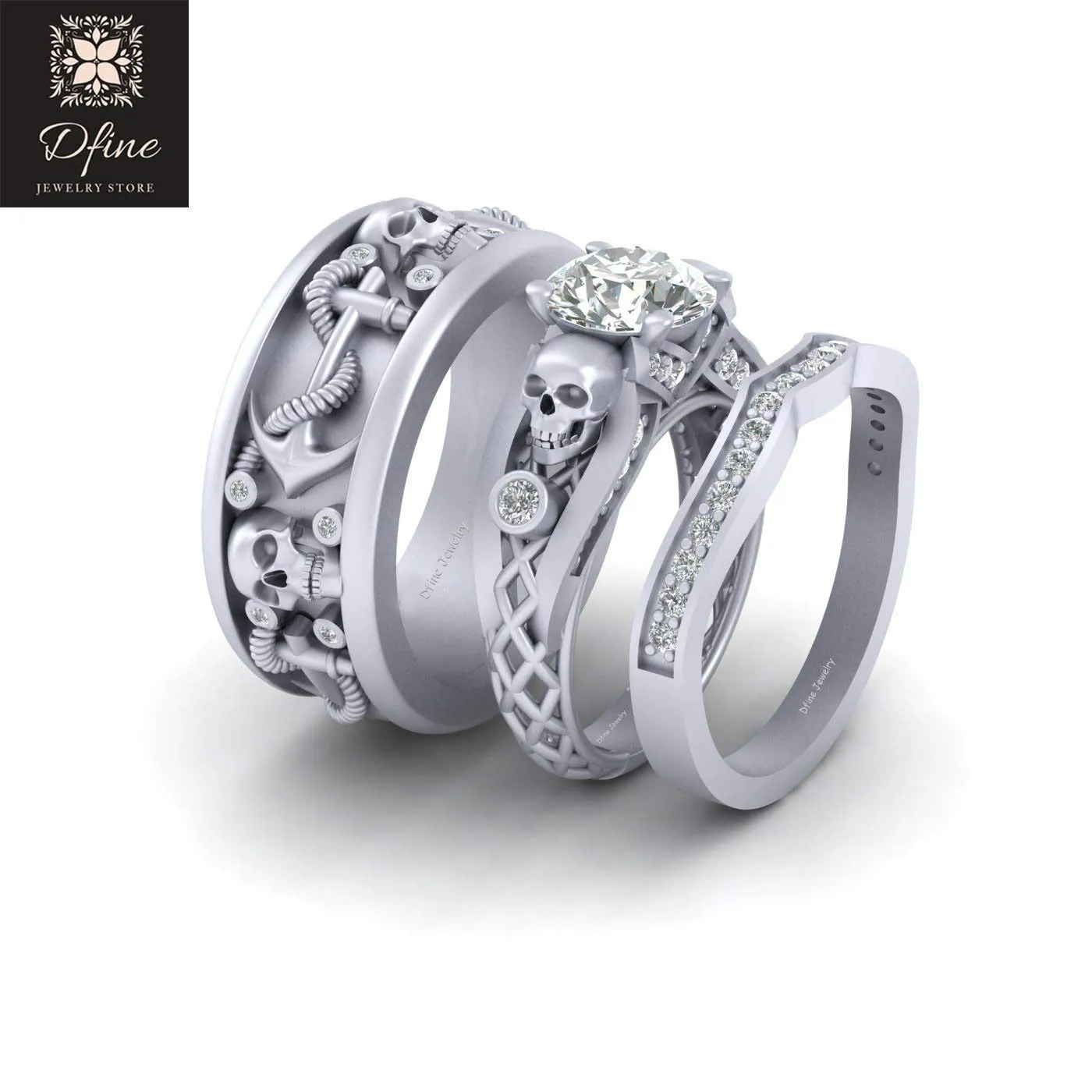 2.55cttw Diamond Skull Engagement Ring Anchor Wedding Band Set Matching Skull Couple Rings Solid 925 Sterling Silver